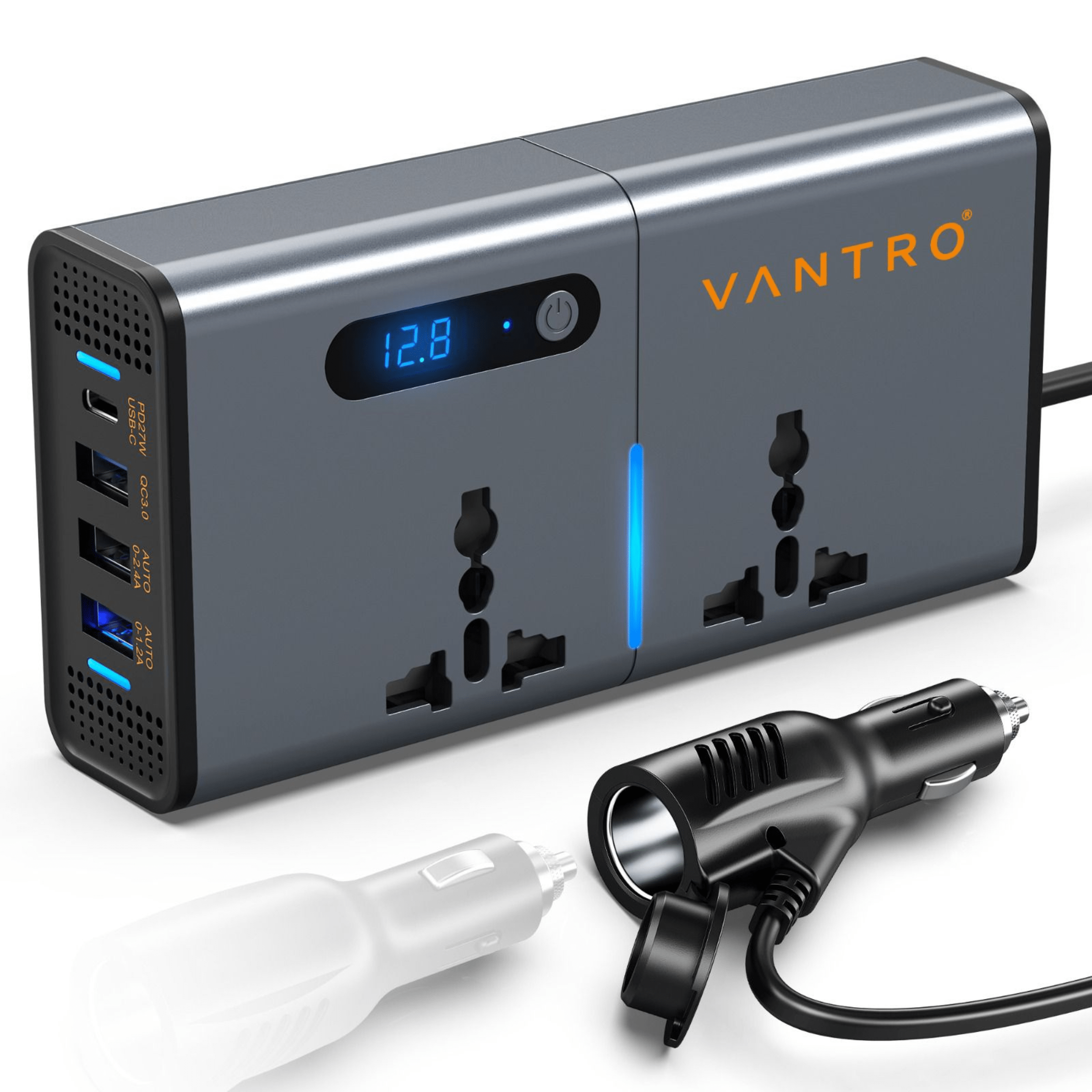 Vantro 200W Car Power Inverter Newly Car Plug Adapter Outlet Charger DC  12V-24V to 220V Car Inverter with 1.2A&2.4A USB, 1 QC3.0 USB and 1 Type C